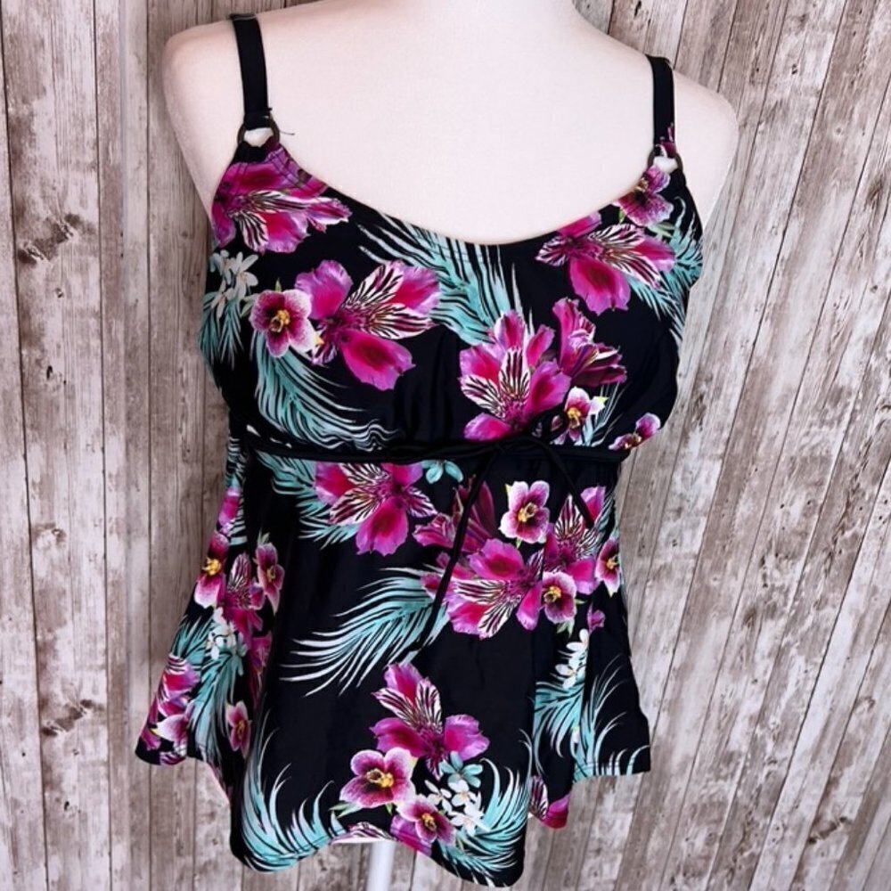 Island Escape Black Floral Padded Tankini Top size 16W